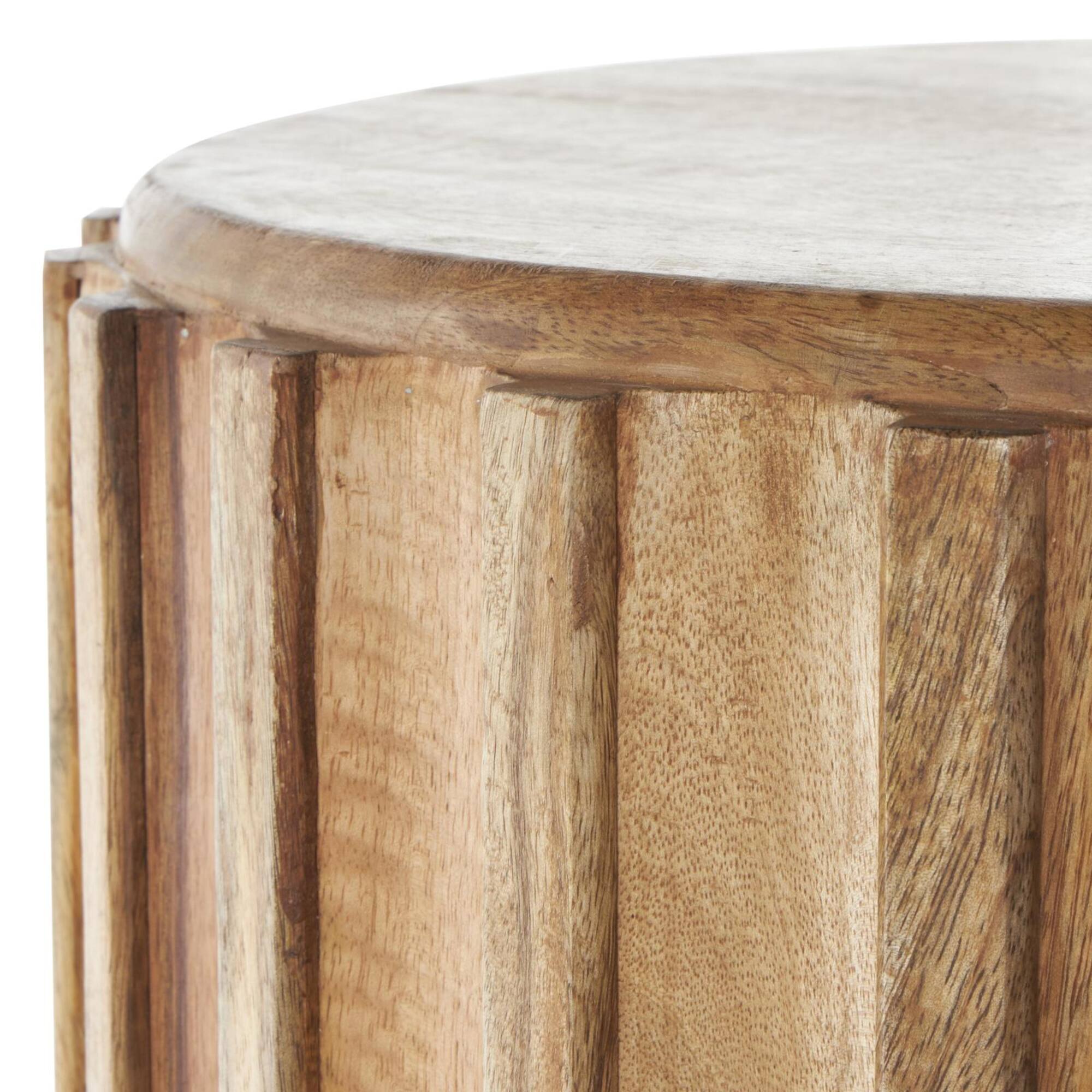 18.25" Brown Mango Wood Handmade Concaved Curve Drum Accent Table with Ridges